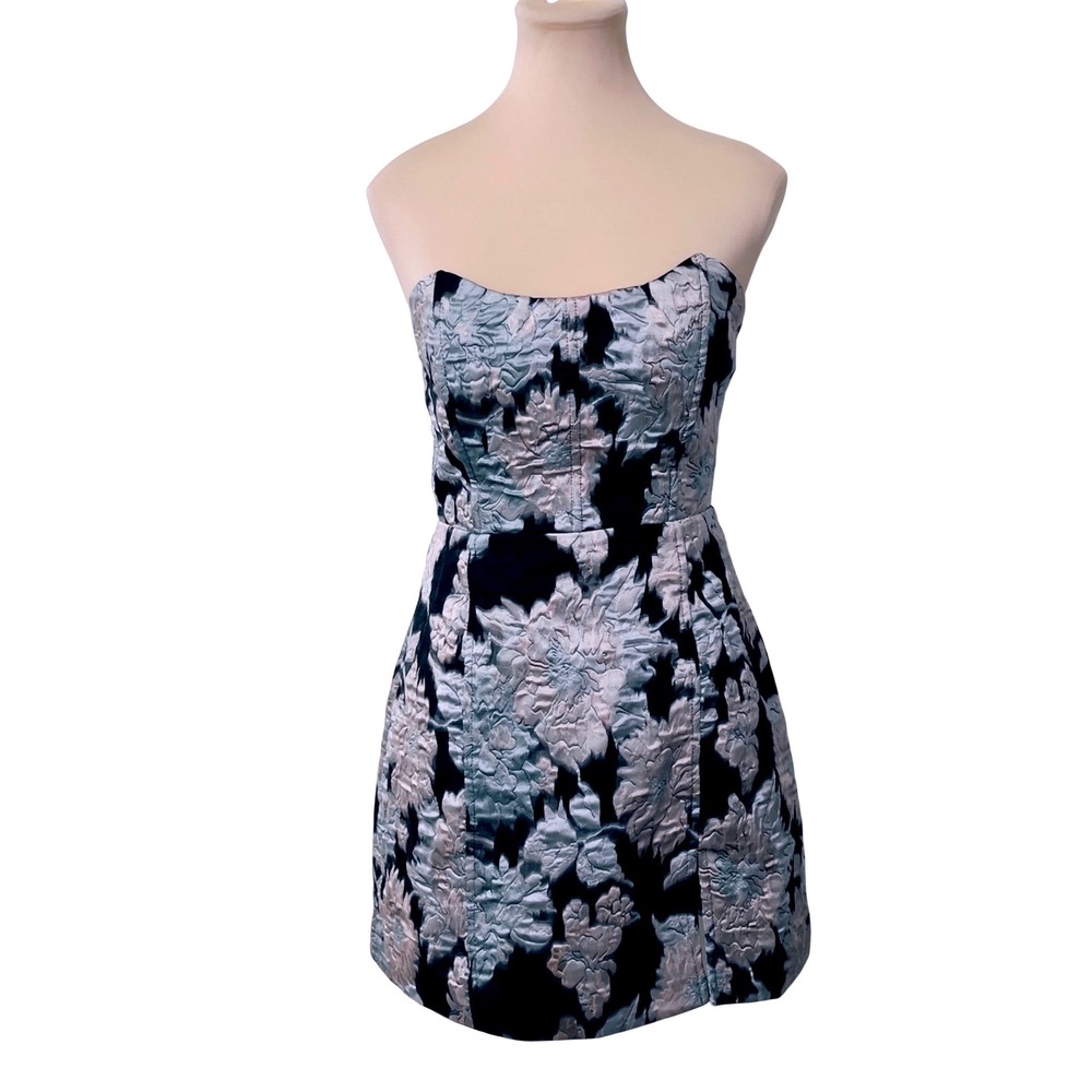 Showpo Women‎ Strapless Floral Brocade Mini Dress Blue Silver Size 8 Cocktail